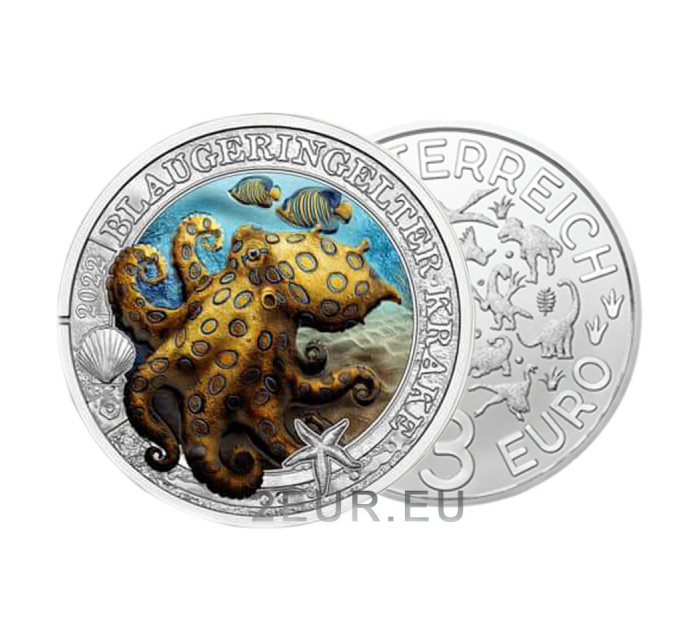 Autriche Pièce 3 Euro 2022 - Vie marine lumineuse - Poulpe aux anneaux bleus