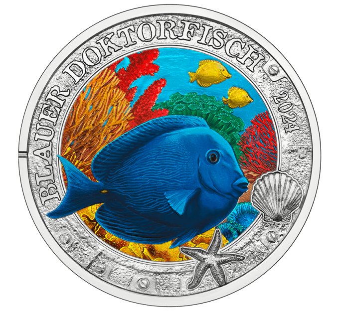 Autriche Pièce 3 Euro 2024 - Vie marine lumineuse - Poisson chirurgien bleu