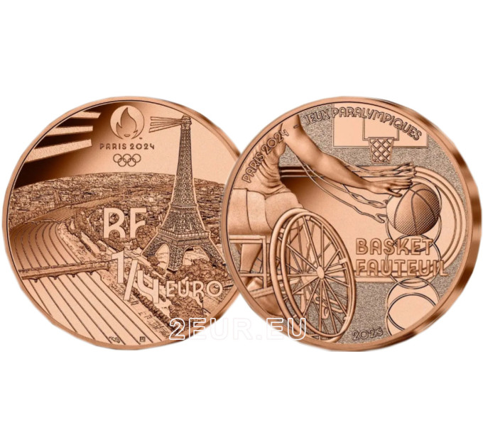  France 1/4 euro UNC 2023 - Jeux Olympiques Paris 2024 - Panier de sport pour fauteuil roulant