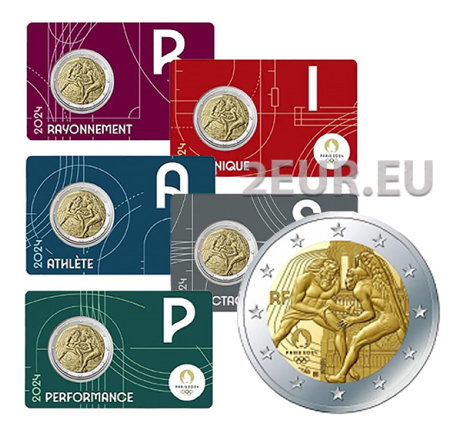 France 2 euros BU 2024 - Jeux Olympiques Paris 2024 - Hercule pratiquant la lutte - Notre Dame - 5 pièces