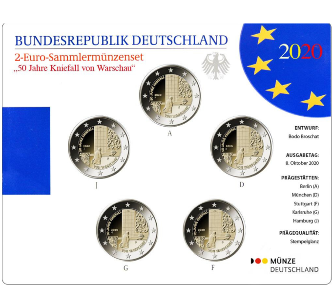 Allemagne 2 Coffret Euros BU 2020 - 50 ans depuis la Kniefall von Warschau - Génuflexion de Varsovie - ADFGJ