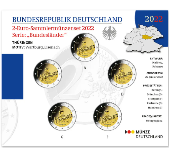 Allemagne 2 Coffret Euros BU 2022 - Thuringe. Château de Wartbourg - ADFGJ