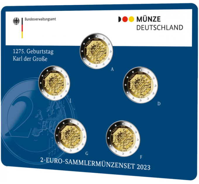 Allemagne 2 Coffret Euros BU 2023 - 1275e anniversaire de la naissance de Charlemagne - ADFGJ