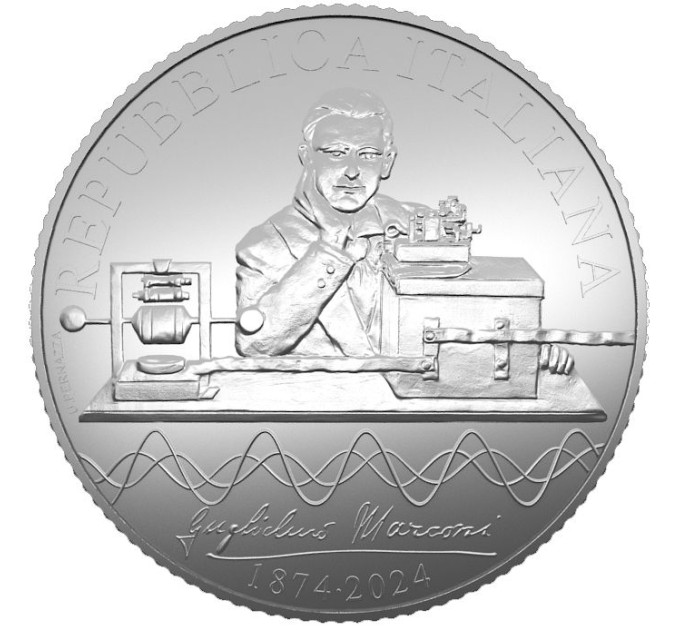 Italie 5 euros Argent PROOF 2024 - 150e anniversaire de la naissance de Guglielmo Marconi et 100 ans depuis la première émission radiophonique en Italie