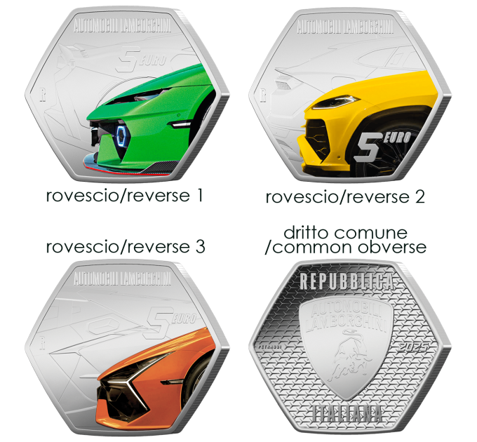 Italie 5 euros Argent BU 2025 - Excellences italiennes - voitures Lamborghini - Triptyque