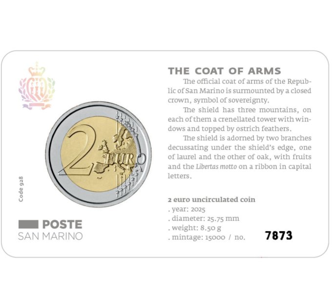 Saint-Marin 2 EURO BU 2025 - Armoiries de la République de Saint-Marin