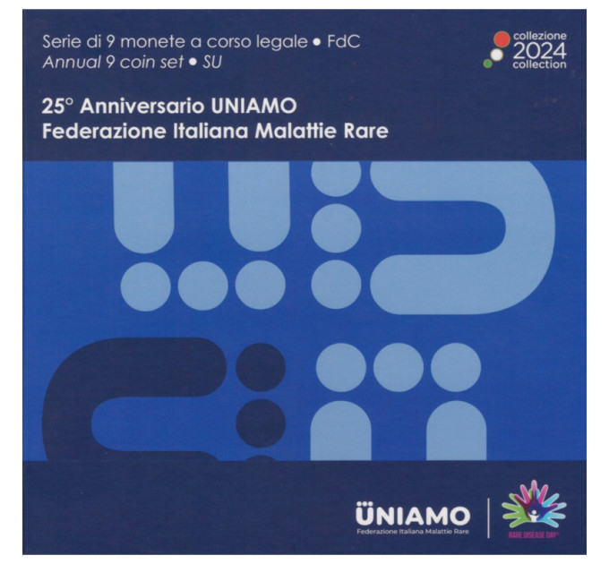 Italie Coffret euro BU + Pièce de 5 euros en argent 2024 - 25e anniversaire de la fondation de la Fédération italienne des maladies rares