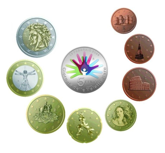 Italie Coffret euro BU + Pièce de 5 euros en argent 2024 - 25e anniversaire de la fondation de la Fédération italienne des maladies rares