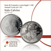 Italie Coffret euro BU + Pièce de 5 euros en argent 2023 - 100e anniversaire de la naissance d'Italo Calvino