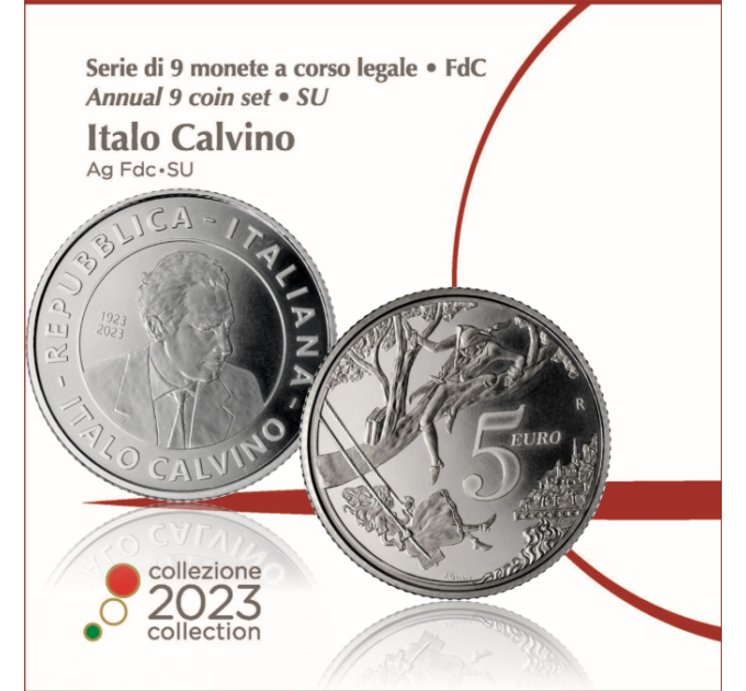 Italie Coffret euro BU + Pièce de 5 euros en argent 2023 - 100e anniversaire de la naissance d'Italo Calvino